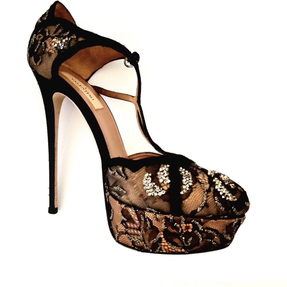 Valentino Garavani Floral Lace Platform T-strap Pump Embellished